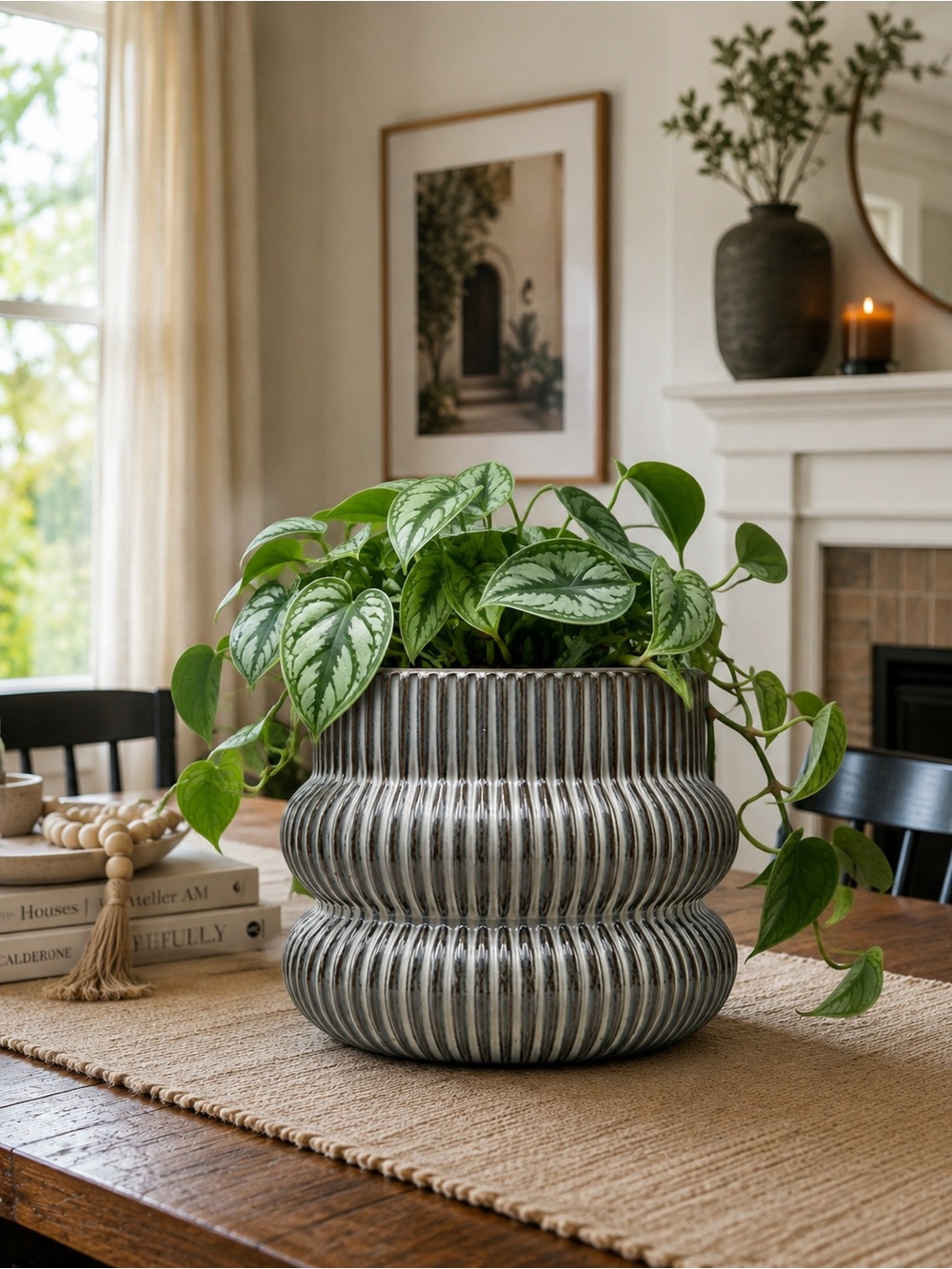 Fluted Ceramic Planter Pot with Drainage Hole, 5.25" Opening Ribbed Plant Pot